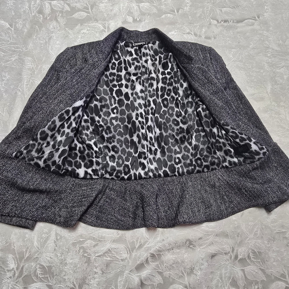 Express Women Herringbone Blazer Leopard Print Size 6 Work Church Tweed Elegant - Picture 4 of 9